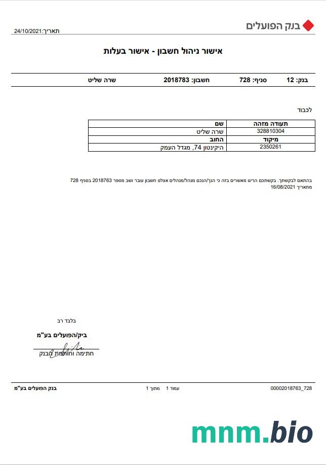 Israel Bank of Hapoalim account management – ownership certyfikat szablon in Word i PDF formacie